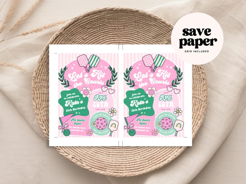 May include: Two pink and white invitations with the text "Let's Hit the Courts" and "Kate's 12th Birthday." The invitations feature pickleball paddles, flowers, and the date August 20th. The invitations are on a woven tray.