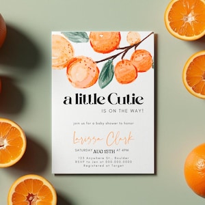 NORA A Little Cutie is on the Way Clementine Orange Gender Neutral Baby Shower Invitation, Citrus Baby, Instant Download, Editable Template