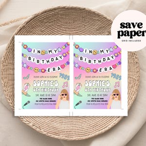 Puede incluir: Dos invitaciones de cumplea&ntilde;os con un dise&ntilde;o colorido. Las invitaciones dicen "In My Birthday Era" e incluyen el nombre "Sophie's" y la fecha. Las invitaciones est&aacute;n sobre una bandeja tejida con una pegatina de "save paper".