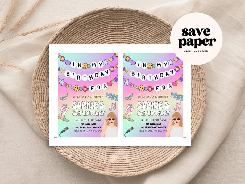 Puede incluir: Dos invitaciones de cumplea&ntilde;os con un dise&ntilde;o colorido. Las invitaciones dicen "In My Birthday Era" e incluyen el nombre "Sophie's" y la fecha. Las invitaciones est&aacute;n sobre una bandeja tejida con una pegatina de "save paper".