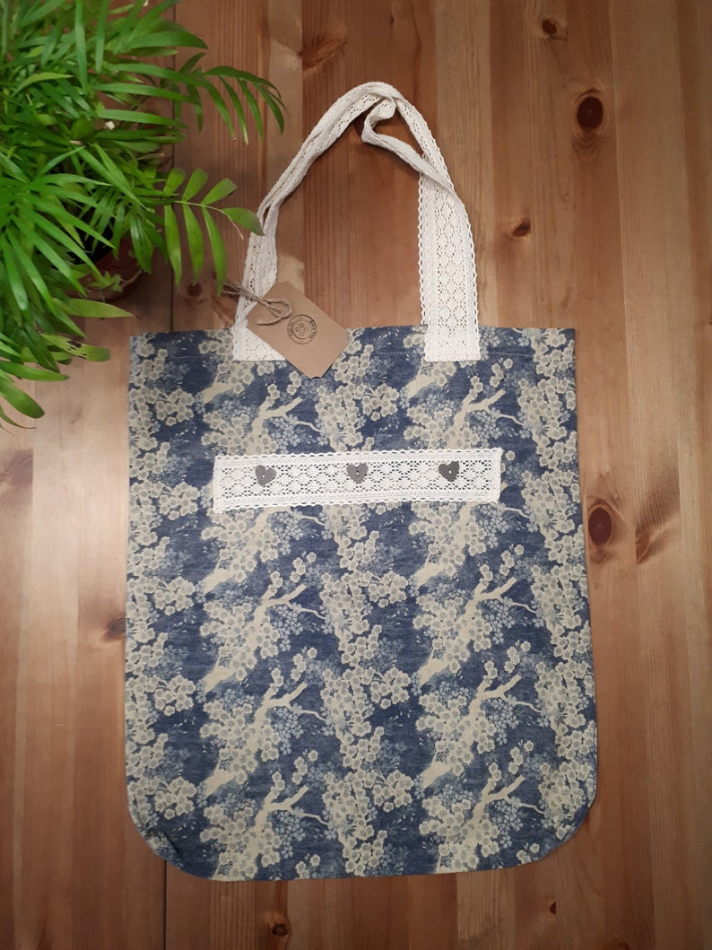 reusable bag nature handbag tote bag blue handmade bag