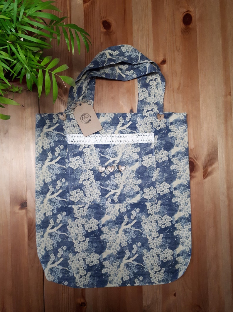 reusable bag nature handbag tote bag blue handmade bag