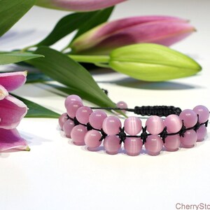 Macrame Bracelet Adjustable length Energy Protection Сat&#39;s eye stone Bracelet Pink Bracelet Chrysoberyl Stone