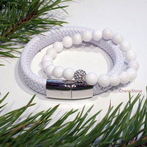 Two bracelets, White leather bracelet, Agate 8mm, White Braided Leather Bracelet Stainless Steel Magnetic Clasp, White Beaded Bracelet