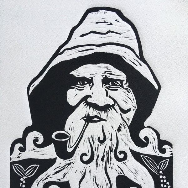 Old Man of the Sea- Handmade Linocut Print Limited Edition 30x20cm (Black ink)(Art,Sailing,Father,birthday gift,fish,boat,octopus,pipe,gift)