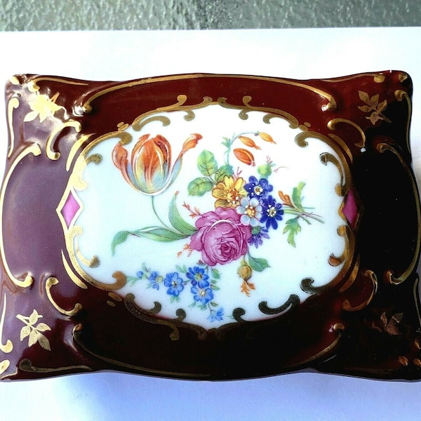 Multi-Colored Floral Embellished German Porcelain Burgundy Trinket Box