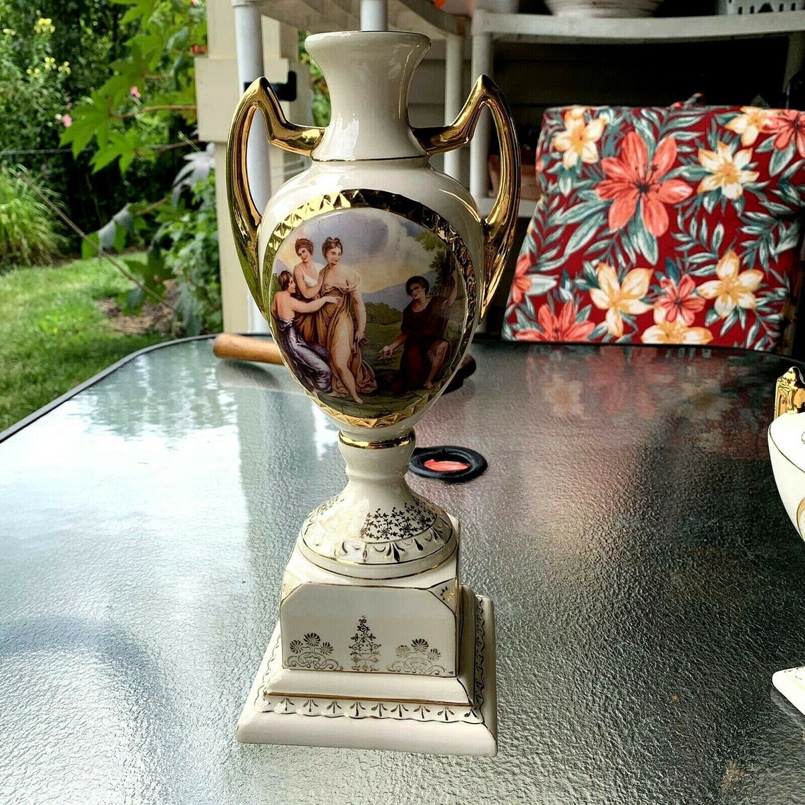 Vintage 12.5 Czech Porcelain Vase Double Handles Cream Etsy UK