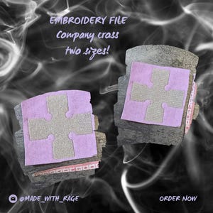 May include: Two lavender fabric squares with a cross design in a lighter color, displayed on gray stone. The text "EMBROIDERY FILE Company cross two sizes!" is visible. A measuring tape is placed near the squares. The Etsy shop name is also visible.