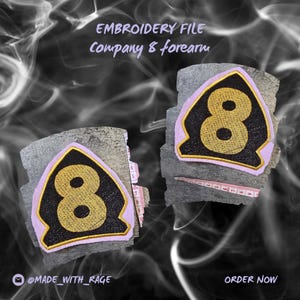 May include: Two embroidered patches with the number 8 in gold, outlined in black and gold, on a light purple background. The patches are displayed on gray, textured surfaces. The text "EMBROIDERY FILE Company & forearm" is at the top. The text "@MADE_WITH_RAGE" and "ORDER NOW" are at the bottom.