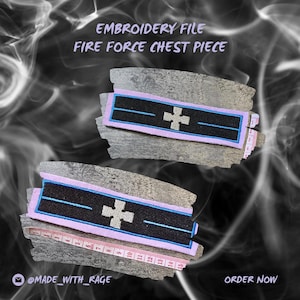 Puede incluir: Dos piezas de pecho bordadas con el texto "EMBROIDERY FILE FIRE FORCE CHEST PIECE". Cada pieza es negra con una raya azul claro y un diseño de cruz blanca. Un borde rosa rodea el diseño negro. Una cinta métrica está al lado de cada pieza.