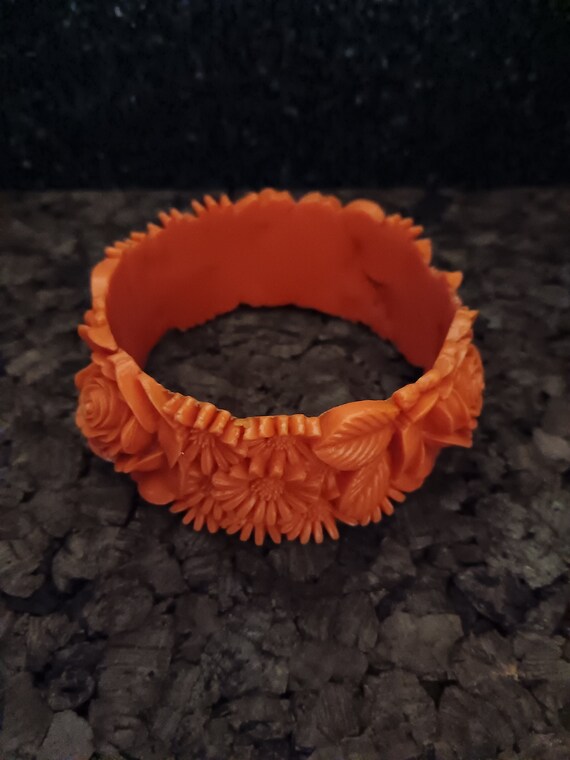 Orange carved Bangle Bracelet and matching Ring - image 3