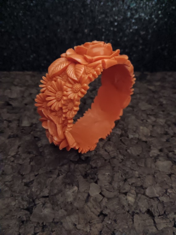 Orange carved Bangle Bracelet and matching Ring - image 1