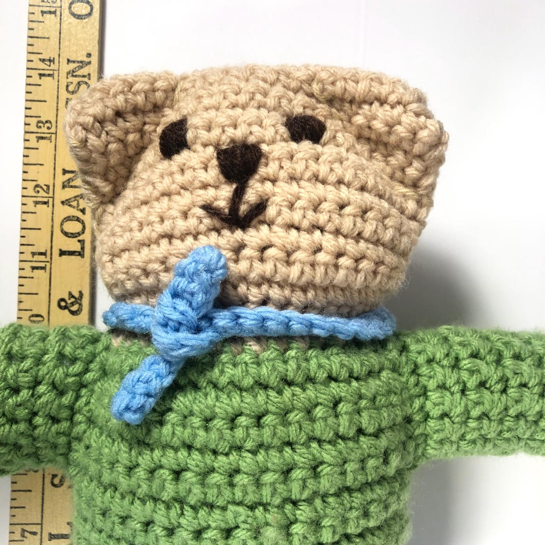 handmade-crocheted-teddy-bear-toy-green-shirt-blue-pants-14-tall-etsy