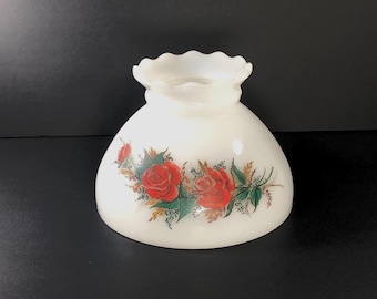 Vintage Hurricane Lamp Shade Opaque Glass Red Roses Floral Ruffled Top 8" Fitter