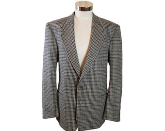 Gray Blazer, 80s European Vintage Single-Breasted Jacket with Gray, Blue, Black Houndstooth Check Pattern, Size 42 US/UK