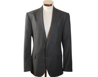 Gray Pinstripe Blazer, 90s British Vintage Fine Wool Single-Breasted Men's Jacket, Size 42 USA / UK