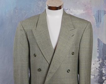 Grüner Blazer, leichte Wollmischung doppelreihige Herren Anzugjacke mit Spitzen lapels, Französische 90er Vintage Kleidung, Retro Herrenmode, 42 US/UK