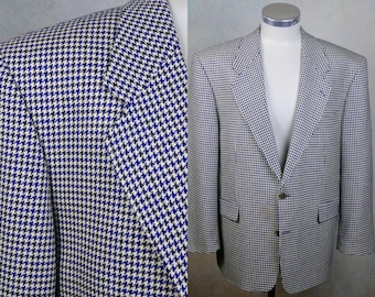 Vintage Houndstooth Blazer, 1980s Soft Wool Single-Breasted Blue Black & Cream Jacket, Size 46S US/UK