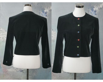 Black Velvet Cropped Blazer, 90s British Vintage Short Bolero Style Jacket with Red Green and Blue Gold Trim Buttons