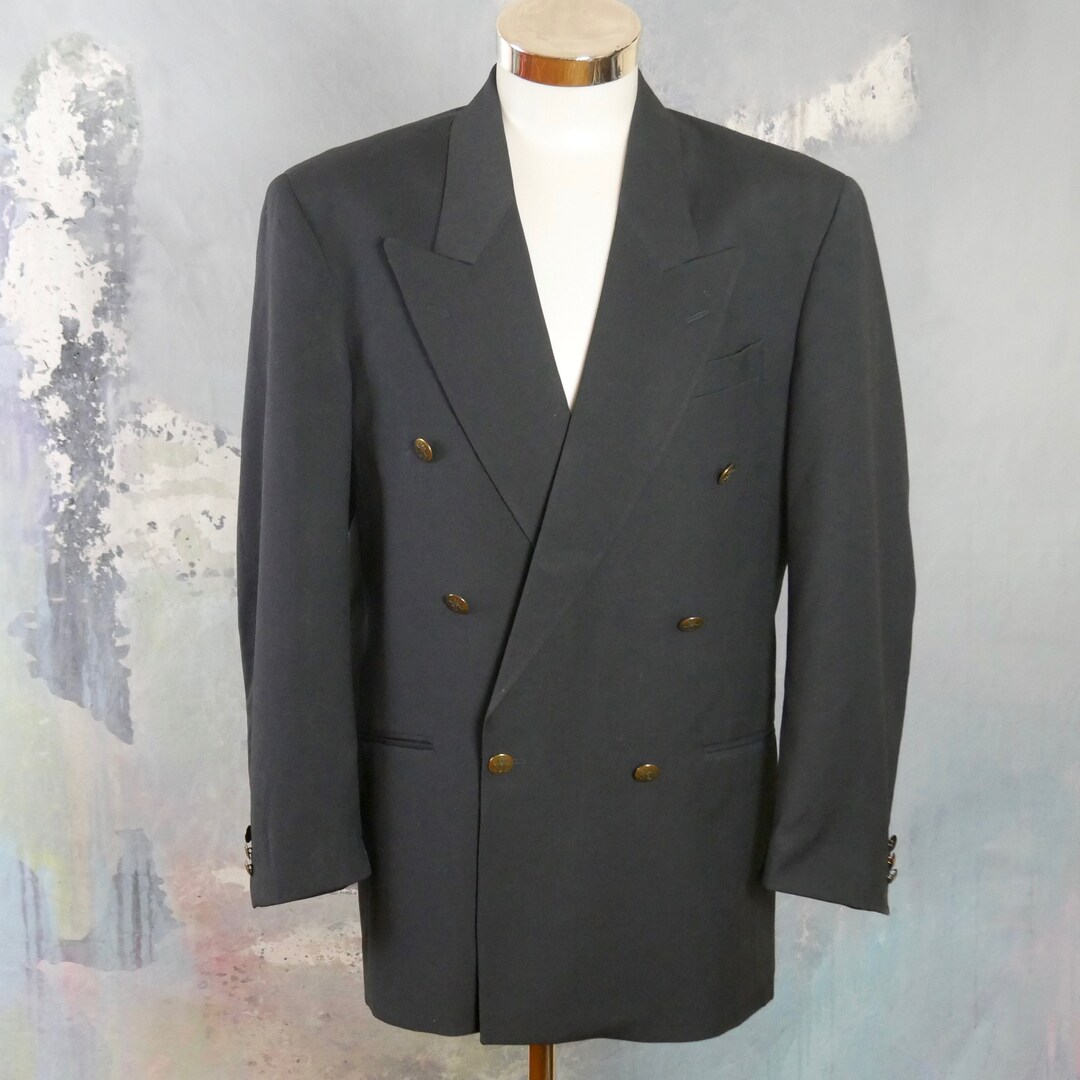 Navy Blue Double-breasted Blazer, European Vintage Wool Jacket W Peak ...