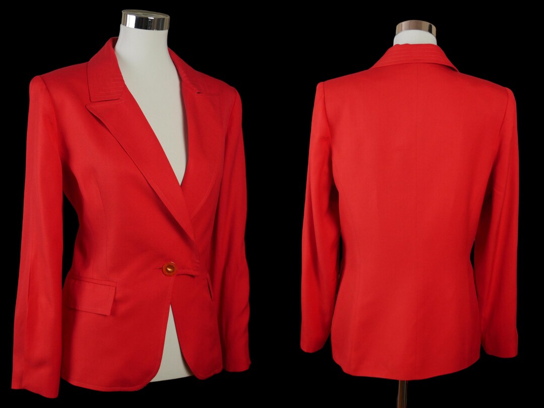 80s French Vintage Blazer, Red Orange Jacket With Peak Lapels, Size 12