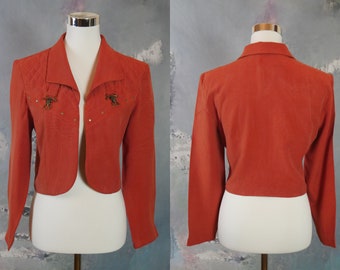 Cropped Burnt Orange Blazer, 1990s Canadian Vintage Lightweight Open-Front Jacket: Size 8 US, 12 UK