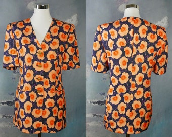 Louis Feraud Blazer, 1990s European Vintage Jacket with Peach & Orange Flowers on Navy Blue Background w Fine Lavender Swirls: 12 US, 16 UK