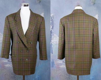 1980s Plaid Blazer, Women's German Vintage Brown Purple Green Black & Pale Gold Double-Breasted Wool Jacket: Size 14 US, 18 UK