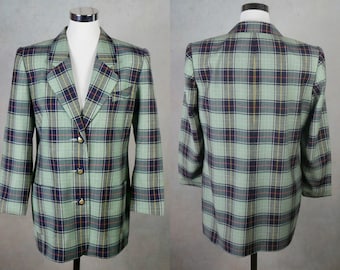 Blazer à carreaux vert et bleu, veste tartan vintage des années 80