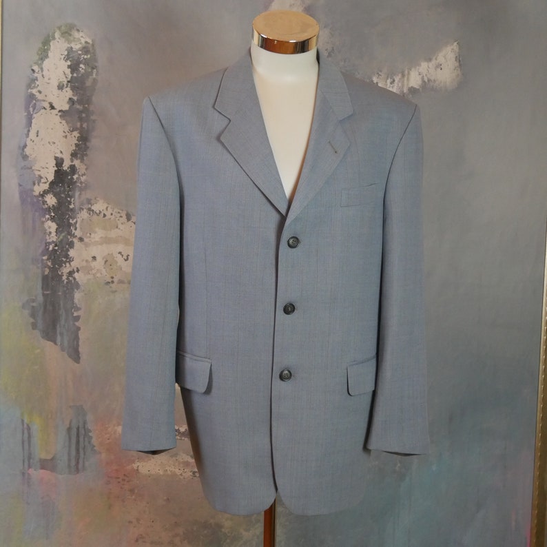 1990s German Vintage Three-Button Single-Breasted Wool Jacket European Retro Menswear Size 46 USUK Light Blue Blazer