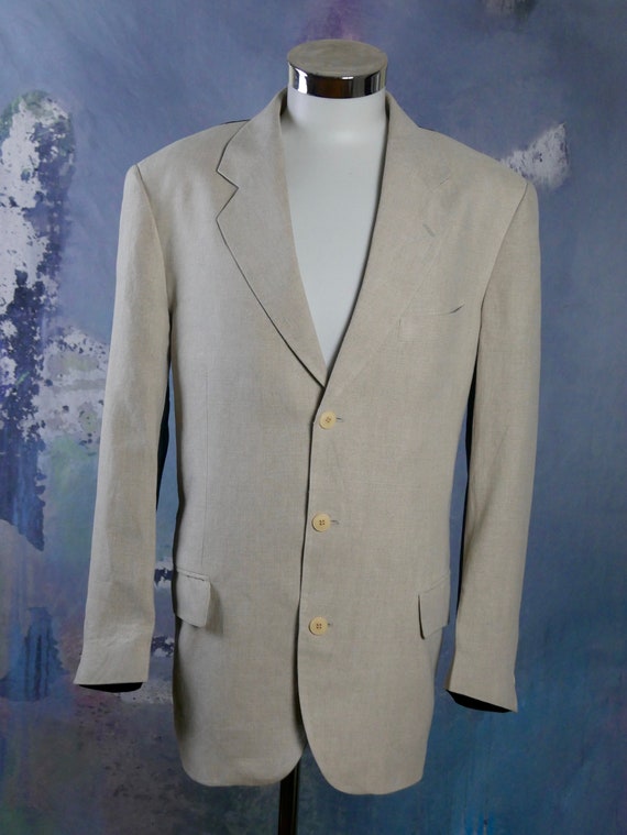 ジャケット・アウター 80s 90s EURO linen tailored jacket beige 1980s Italian Linen Blazer, Beige Front Black Back Single