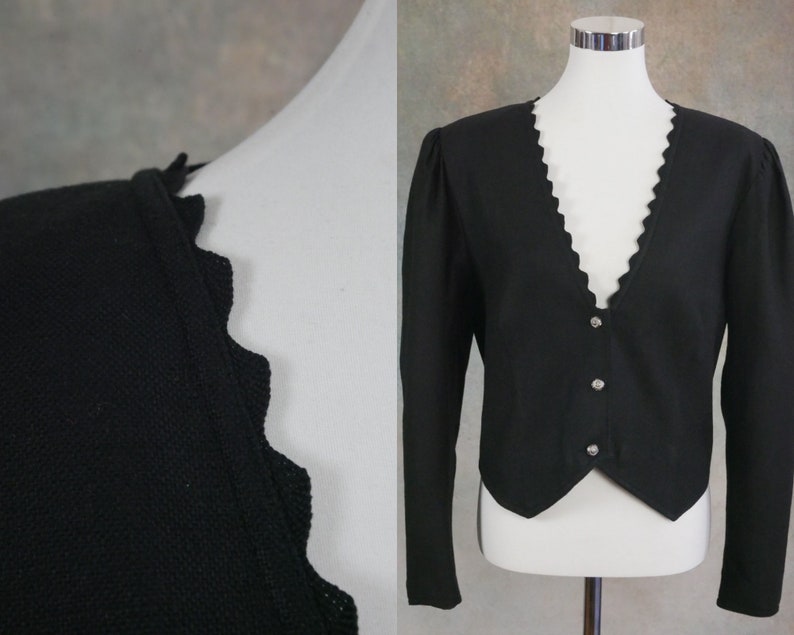 Black Cropped Blazer, 1990s European Vintage Cotton Linen Blend Edwardian Style Jacket, 90s Clothing Women image 1