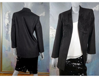 Black Embroidered Blazer, 1990s Italian Vintage Jacket: Size 14 US, 18 UK