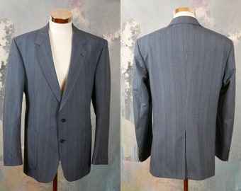 Blue Blazer, Dutch Vintage Single-Breasted Subtle Plaid Sports Coat, Wool Blend Jacket: Size 42 US/UK