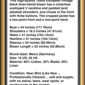 Black Cropped Blazer, 1990s European Vintage Cotton Linen Blend Edwardian Style Jacket, 90s Clothing Women image 10