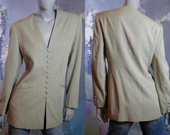 Pale Green Blazer, 1990s European Vintage Princess Diana Style Professional V Neck Jacket: Size 12 US, 16 UK