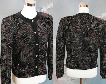 1980s Black Velvet Blazer with Swirling Metallic Glittering Floral Pattern, Women's Evening Jacket w Rhinestone Buttons: Size 12 US, 16 UK