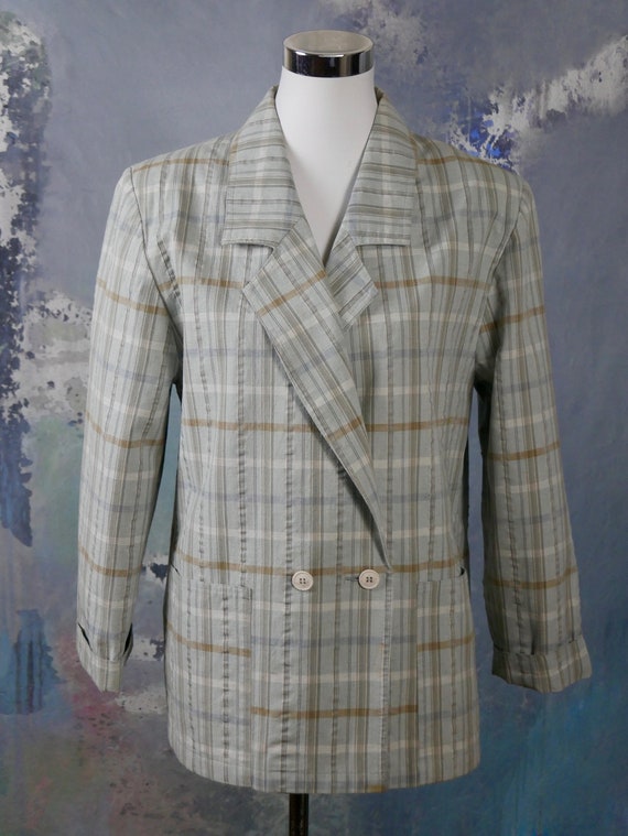 Vintage cream long double breasted plaid blazer >>> S/M ^^^