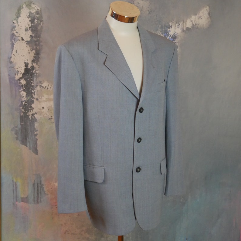 1990s German Vintage Three-Button Single-Breasted Wool Jacket European Retro Menswear Size 46 USUK Light Blue Blazer
