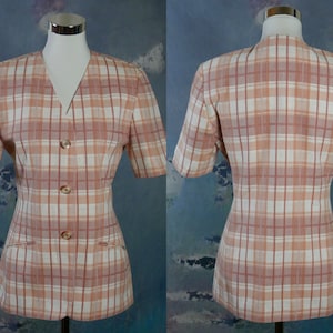 Pink & Cream Plaid Blazer, European Vintage Short-Sleeve Linen Blend Summer Jacket: Size 8 US, 12 UK