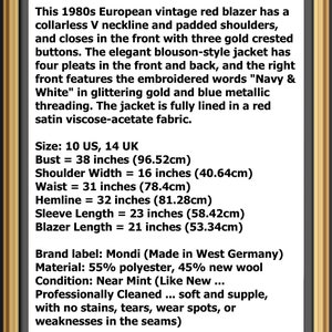 80s Vintage Red Blazer, Embroidered Blouson Jacket, Medium image 7