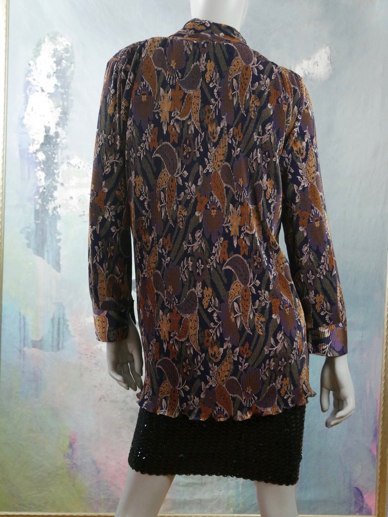 1990s Vintage Brown Beige /& Purple Floral Paisley Open-Front Jacket 20 UK Size 16 US Crunch Pleated Long Blazer
