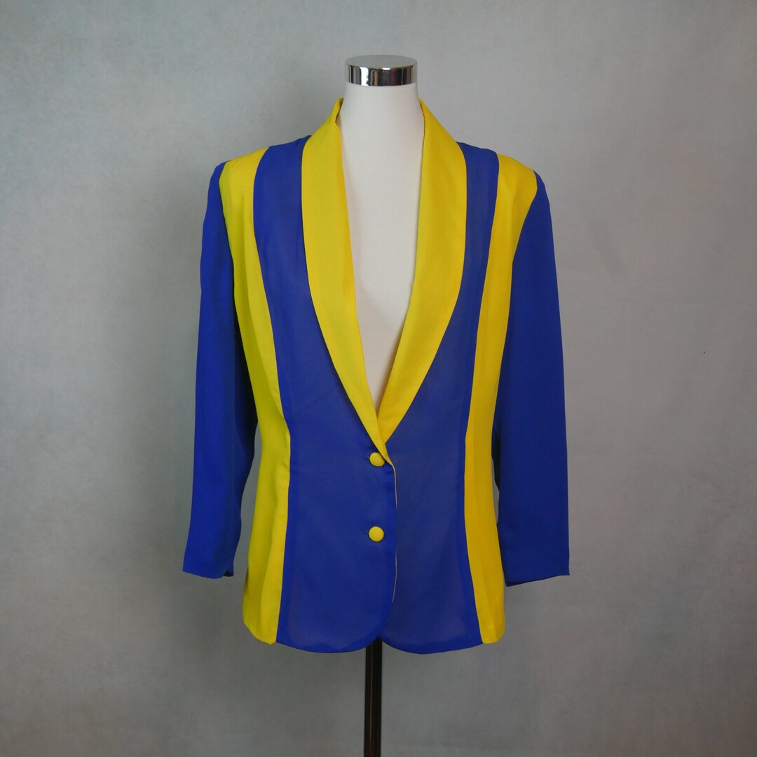 Blue and Yellow Blazer, Lined Semisheer Lightweight Rayon Jacket, 90s