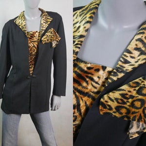 80s Vintage Black Blazer with Leopard Print Collar, Size 14 USA, 18 UK