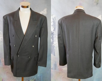 Charcoal Gray Double-Breasted Blazer, 1990s European Vintage Wool Jacket with Peak Lapels: Size 42 US/UK