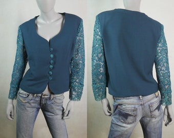 Dark Turquoise Blazer with Lace Sleeves, 90s European Vintage Womenswear, Cropped Jacket, Size 12 USA, 16 UK