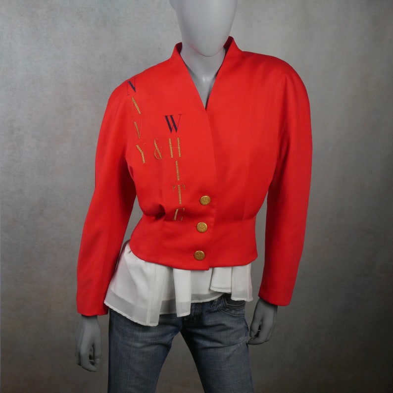 80s Vintage Red Blazer, Embroidered Blouson Jacket, Medium image 1