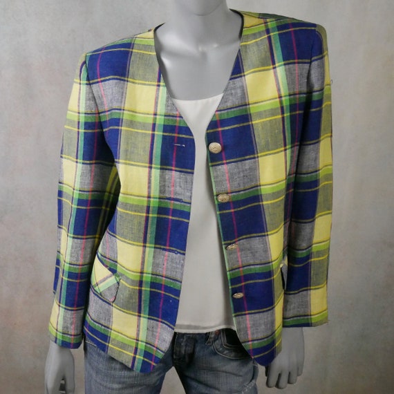 Vintage linen blazer blue yellow floral  ^^^ M/L ,,, >>> main image 1