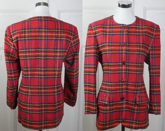 90s Scotch Plaid Blazer, Red Black Yellow Blue White Tartan Wool Blend Collarless French Vintage Jacket: Size 12 US, 16 UK
