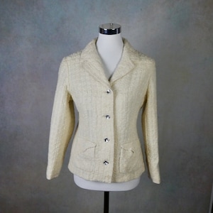 60s Vintage Cream Blazer, Wool Tweed Boucle Jacket, Size 8 US, 12 UK